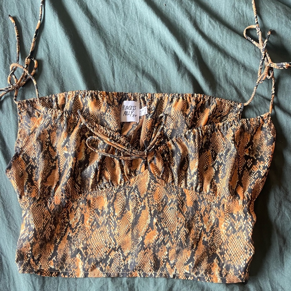 Princess Polly Snake Print Cropped Tie-Strap Top - Brown/Black